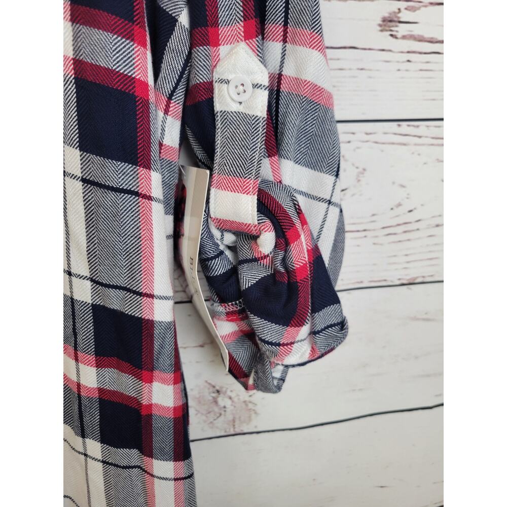 NWT BLL NYC Shirt Dress button‎ down Size Large Red Black Plaid Pocket Roll Tab - Picture 7 of 13